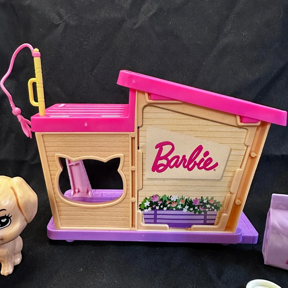 Barbie Pet Care Play Set Tan Puppy‎ Dog House Food Bowls Grooming Brush Toys